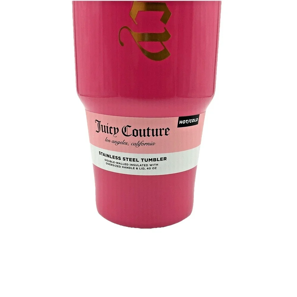 Juicy Couture Pink Insulated 40 Oz Tumbler Pop Up Straw Gothic Logo NWT
